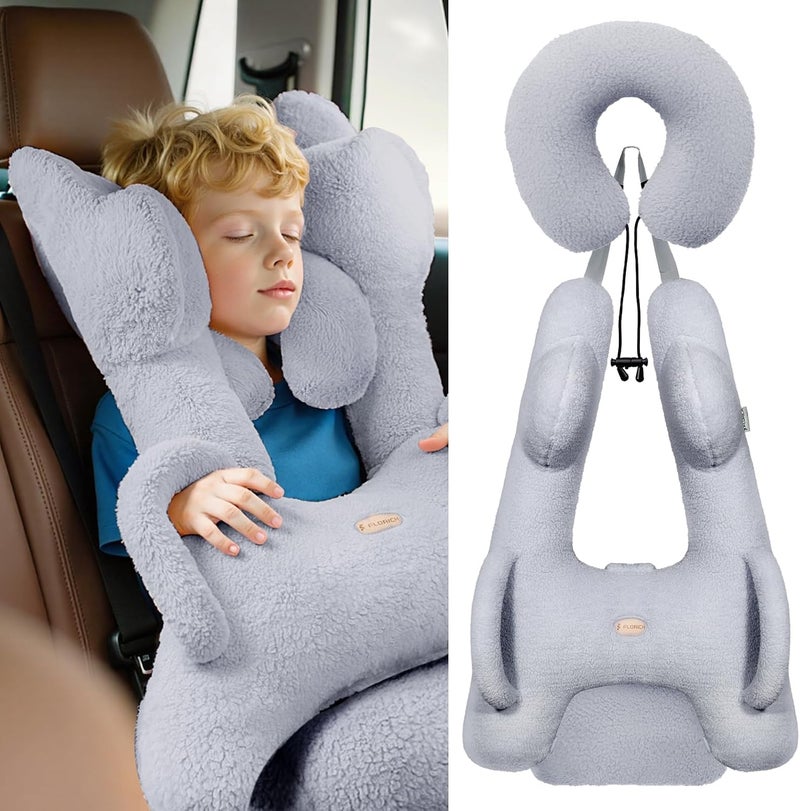 FLORICH Kids Travel Pillow, Car Sleeping Travel Pillow for Kids, Removable H-Shaped Pillow for Adults and Children to Support Head and Body Road Trips with Neck Pillow and Blanket (Grey) - Image 1